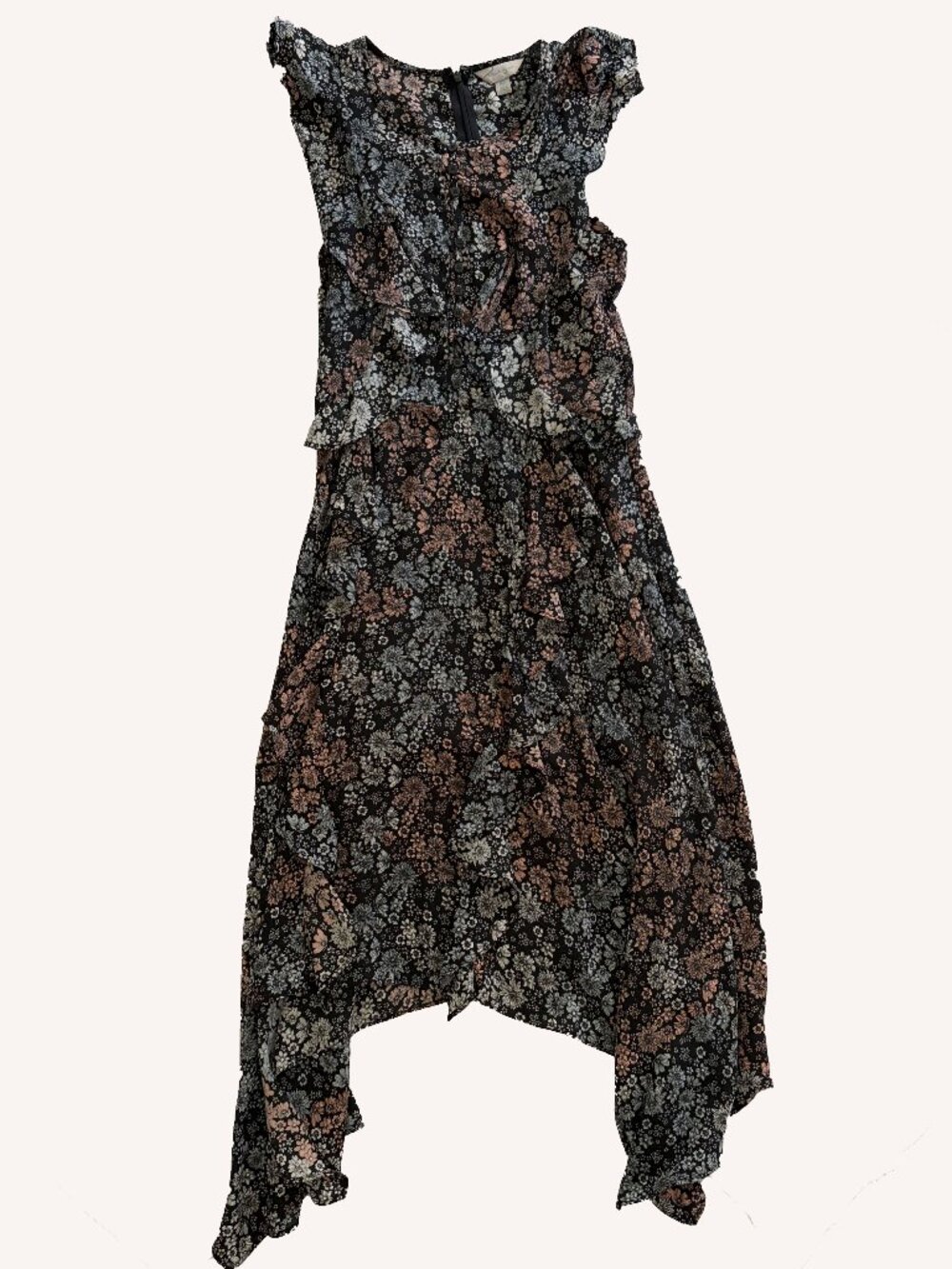 Black Floral Asymetric Hem Midi Dress Size XS